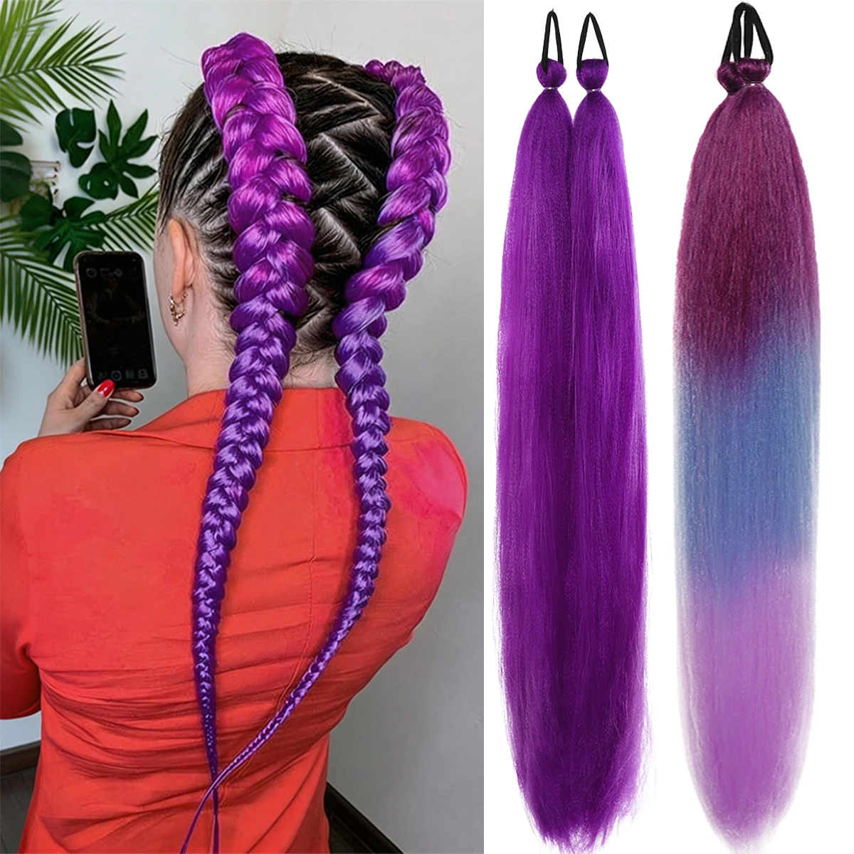 

2 шт. синтетические парные женские накладные хвосты из резиновой ленты, цветные, синтетические, плетеные, длинные, прямые, термостойкие.