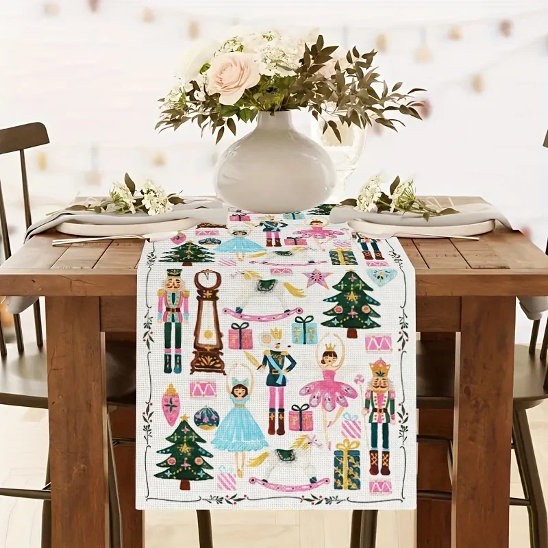 Christmas Nutcracker Xmas Tree Linen Table Runner Party Decor Reusable Winter Kitchen Dining Table Runners Christmas Decorations