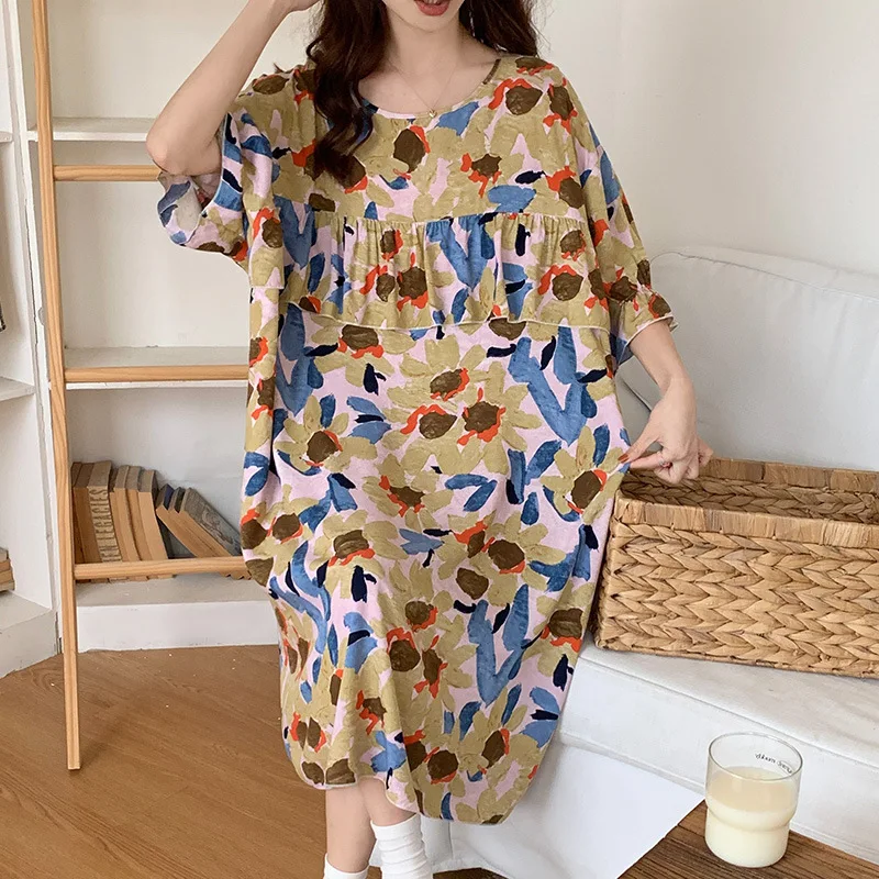 Womens Short Sleeve Sleepshirt Scoop Neck Cute Floral Nightgowns Soft Comfy Lightweight Thin Cotton Sleepdress Ladies Nightdress
