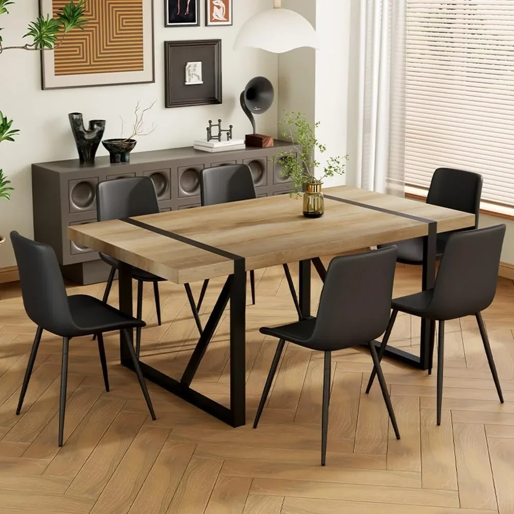 Dining Table Set for 6, Modern Rectangle Wood Tables, 6 PU Chairs, 71'' Wood Dining Table Chairs Set