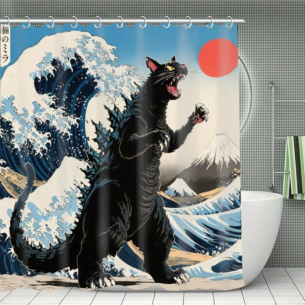 

Funny Cat Japanese Dinosaur Art Anime Sunset Wave Shower Curtain, Waterproof Washable Durable Fabric Bathroom Decor