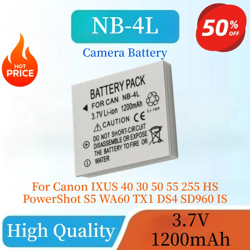 Brand-New 3.7V 1200mAh NB-4L Camera Battery For Canon IXUS 40 30 50 55 255 HS PowerShot S5 WA60 TX1 DS4 SD960 IS SD200 SD300