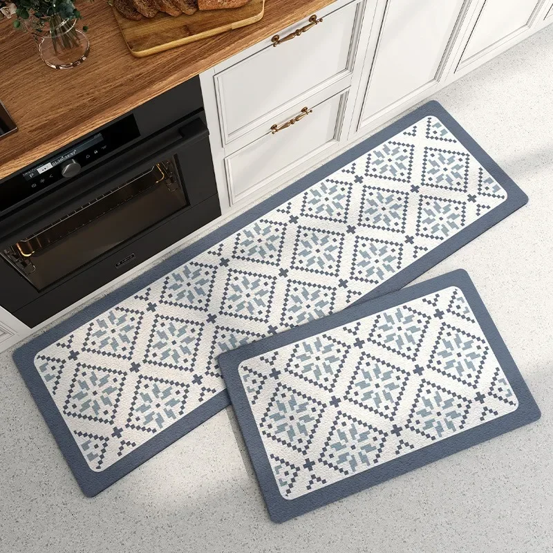 Kitchen Pvc Carpet Leather Waterproof Non-slip Floor Mat Oil-proof Blue White Plaid Home Decoration Rug Vinyl Carpets Flower