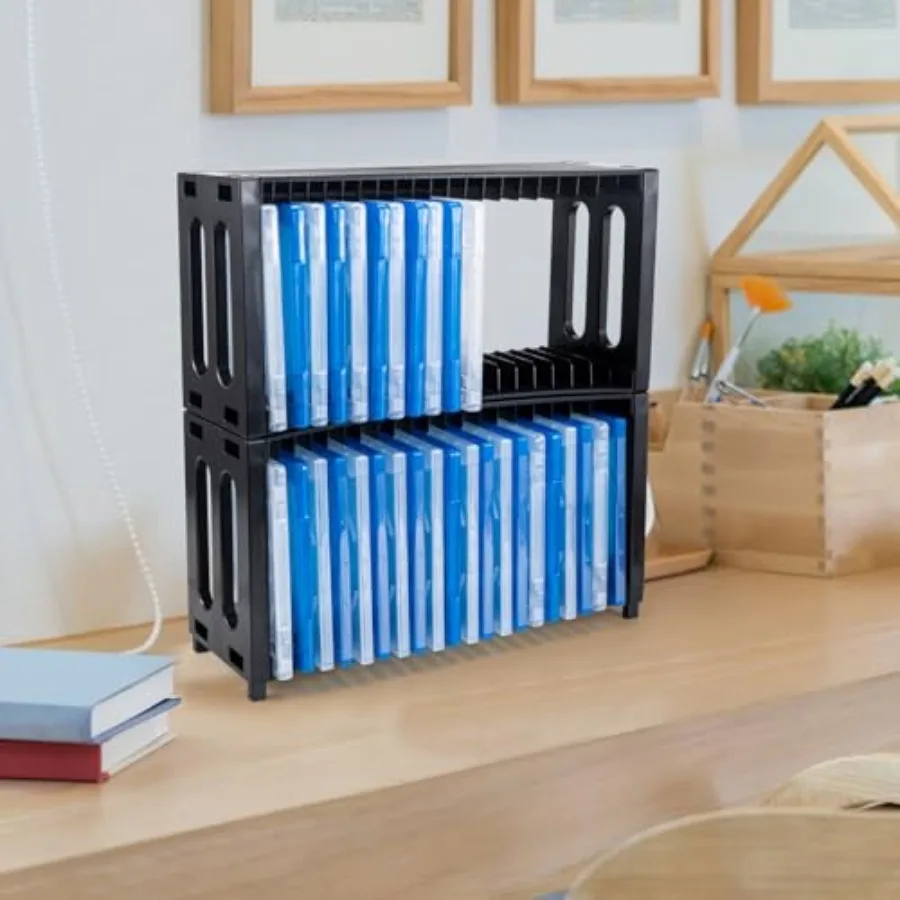 Rack de armazenamento de DVD empilhável com material ABS 2 pacotes de organizador de DVD para escritório doméstico e teatro comporta até 40 capas finas de joias de DVD