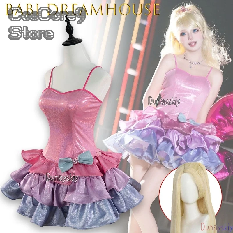 Babi Dreamhouse Adventures Barbe Roberts - Conjunto de moda, vestido rosa brillante con bolso y tacones, disfraces para niñas, ropa de fiesta