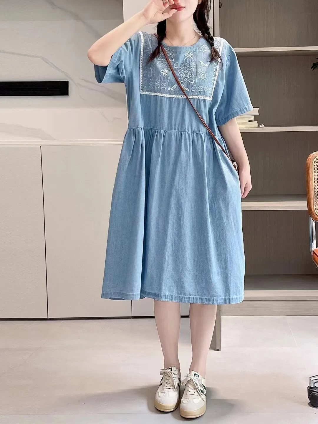 

Fall clothes 2024 women Japanese retro short sleeve blue embroider denim dress mori kei cotton loose jean dresses