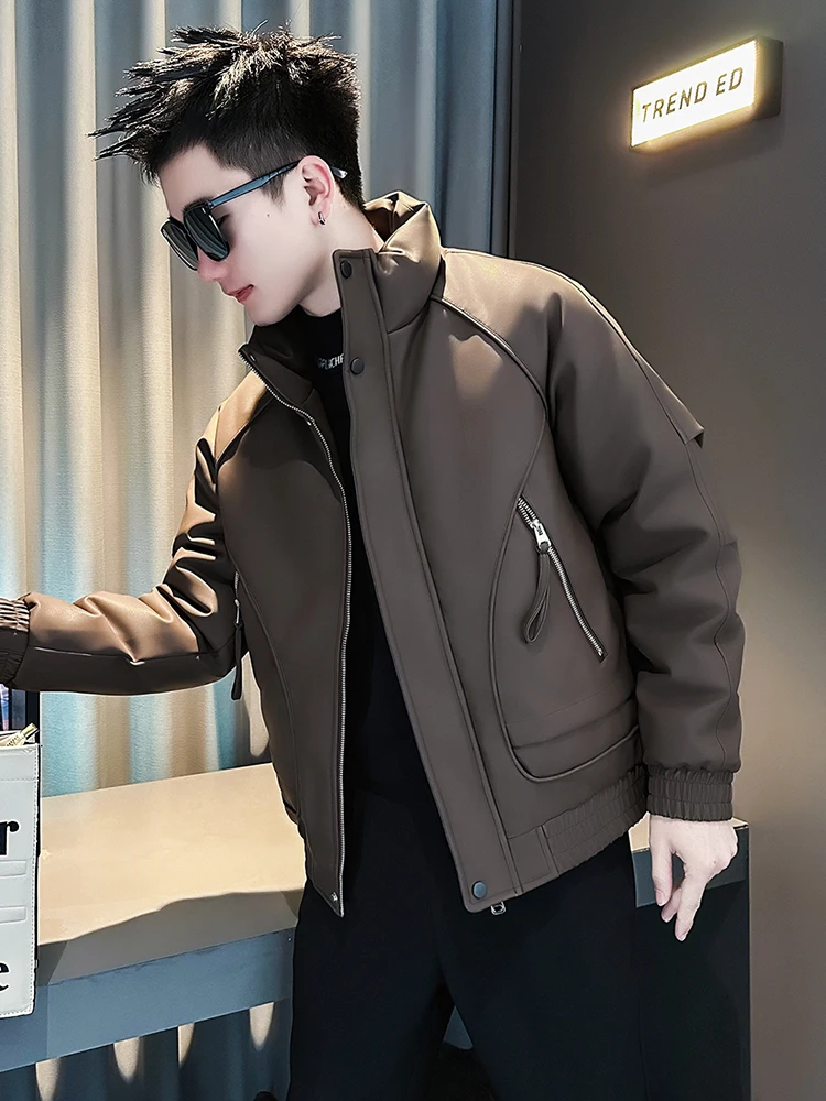 

Winter Thiened PU Leather Cotton Jaet Men's Trendy Brand Haome Stand Collar down Cotton Coat New 2025 Men's Winter Out...