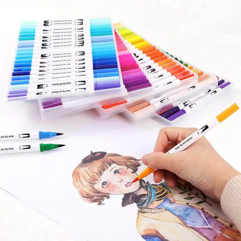 12-100 สี Dual Art Marker Sketching Manga Markers วาดชุดคู่หัวสีน้ําแปรงปากกาเครื่องเขียน