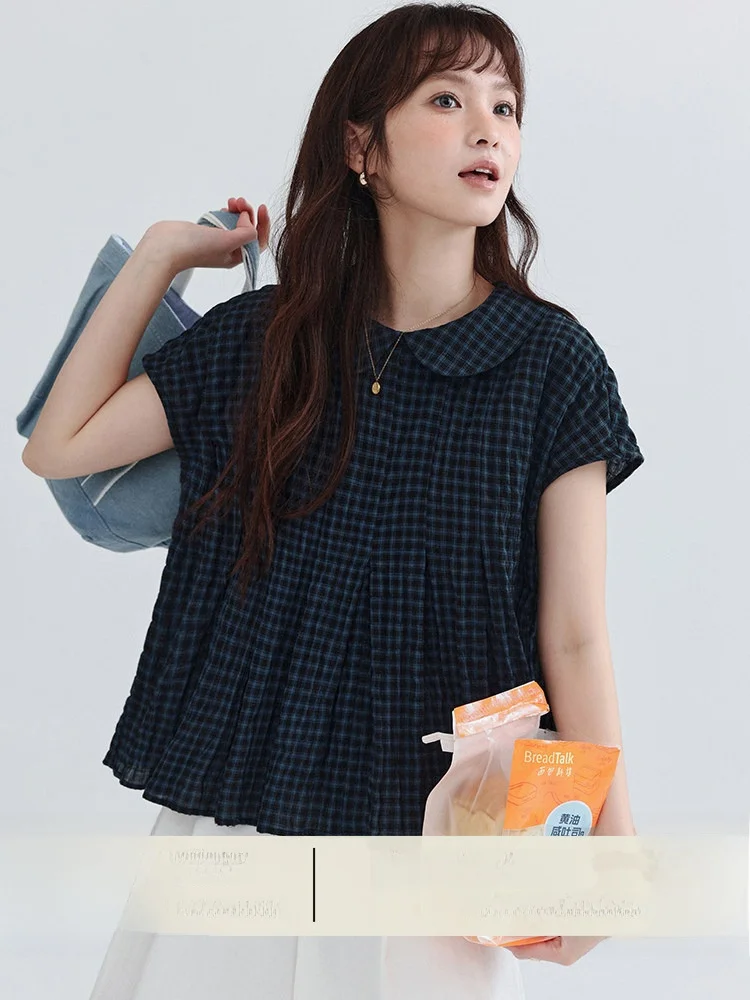 

AMUU Original Anti-Aging Plaid Doll Collar Pleated Cotton Shirt Women Summer New Style Pure Cotton Short Sleeve Top