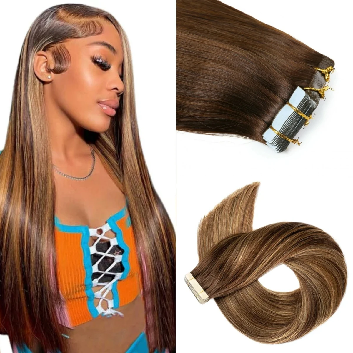 #4/27 Highlight Brown Straight Tape In Hair Extensions Human Hair PU Seamless Tape In Brazilian Hair 20PCS/Pack Natural Color