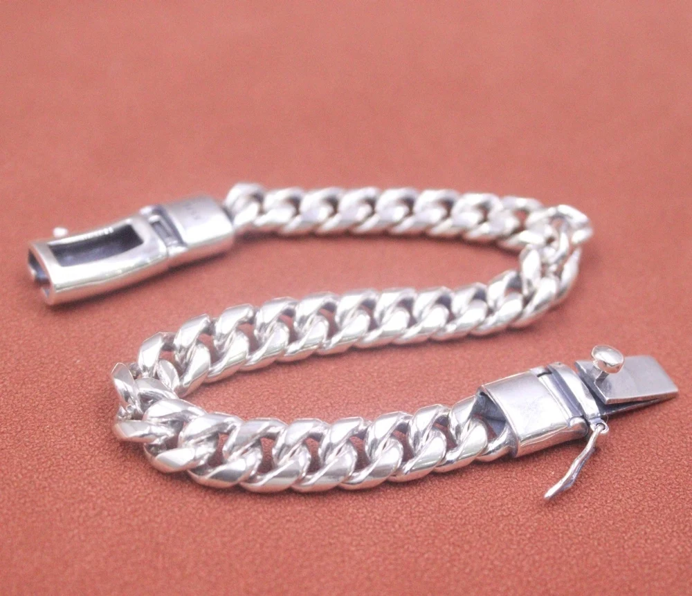 Real Solid 925 Sterling Silver Chain Men Lucky Simple Glossy Cuban Curb Link Bracelet 40-41g