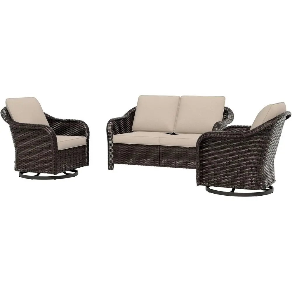 

All-Weather Outdoor Wicker Loveseat Set with 2 Swivel Chairs, Perfect for Porch, Backyard, Balcony, Poolside, Beige