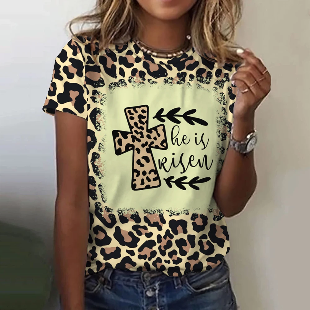

2024 Summer Fashion Printed Leopard Print Cross Women's T-Shirt Street Versatile Design Round Neck Short Sleeve Top