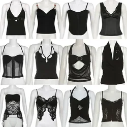 Zwart Y2K Crop Tops Kant Elegant Zoet Schattig High Street Sexy Tank Top 2025 Nieuwe mouwloze jaren 2000 Party Club Camis Dameskleding