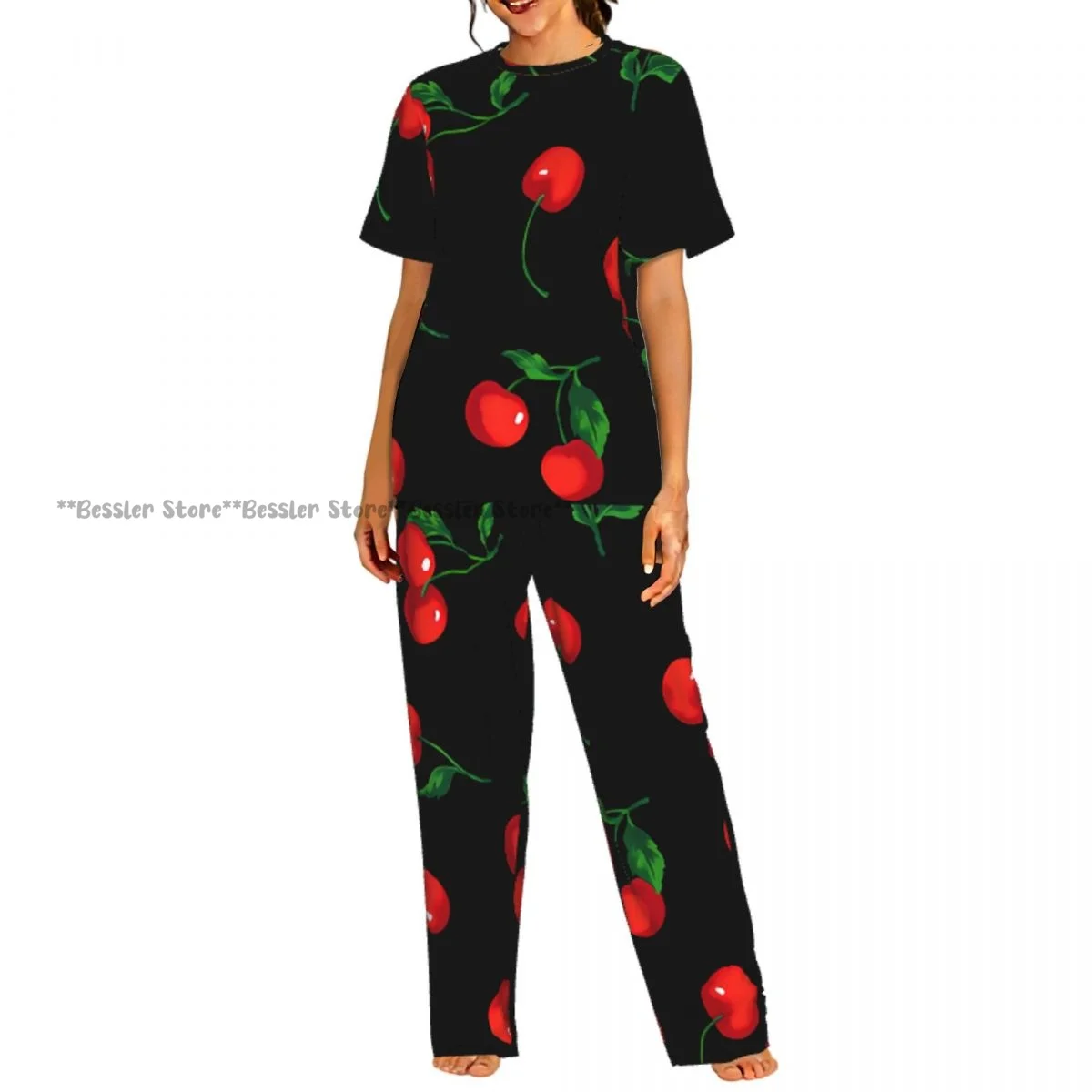 

Женский комплект пижамы с короткими рукавами и милым вишнёвым принтом, повседневный стиль
