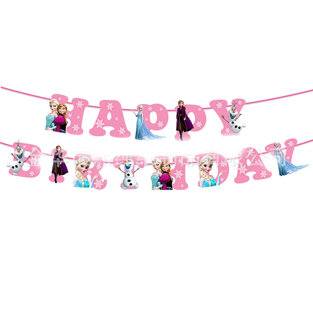 1set/lot Pink Frozen Theme Happy Birthday Bunting Girls Favors Flags Decorate Hanging Banner Baby Shower Events Party Supplies