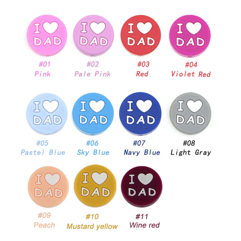 10pcs I Love Dad/Mom Round Silicone Beads Heart Silicone Bead Food Grade For Jewellery Making DIY Pacifier Chain Accessories