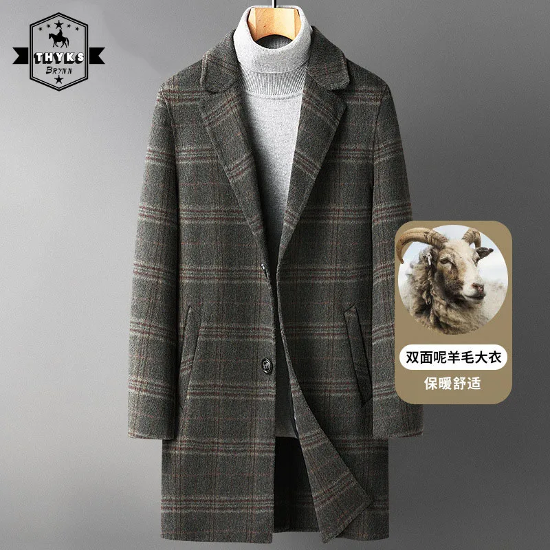 

2022 New Autumn and Winter Plaid Double-sided Woolen Trech Coat Men's Thickened Mid-length Jacket Windbreaker Business Overcoat