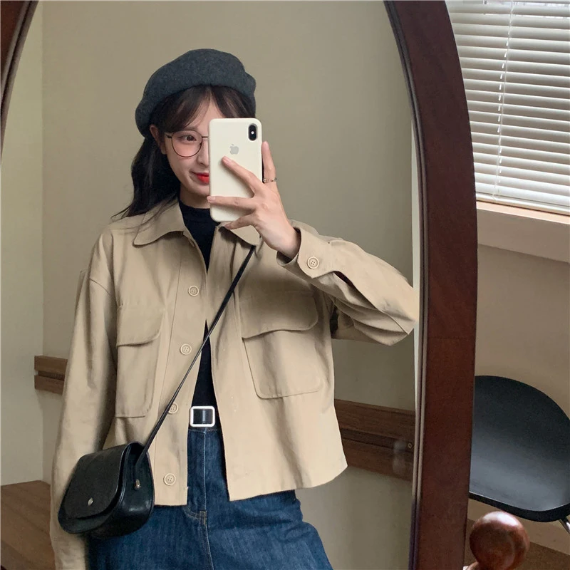 

Spring Workwear Short Jacket Women's Fashion Design Unique High-End Feel Cotton Long Sleeve Collar Button up Coat