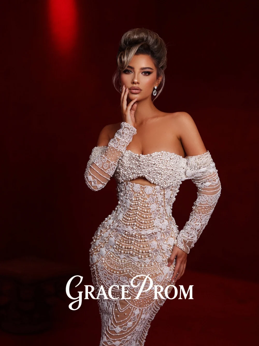 

GraceProm Elegant Off-Shoulder Evening Dress 2026 Pearl Carpet Gown Lustrous A-Line Floor-Length Party Gown فساتين سهر