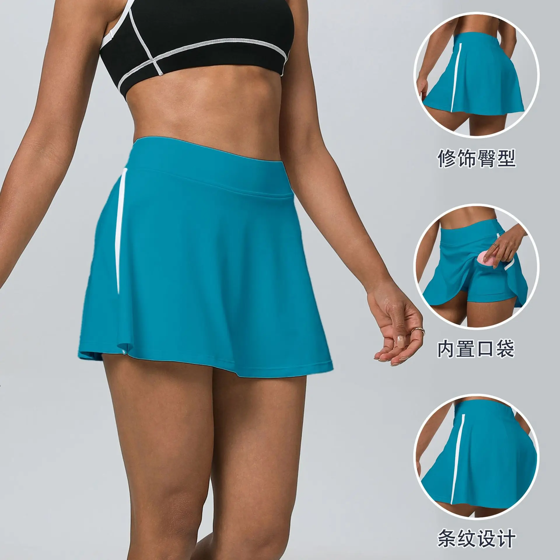

Summer Women Tennis Skort Sport Skirt with Shorts Pocket Badminton Outfit Golf Wear Yoga Running Clothes 2025 Black White