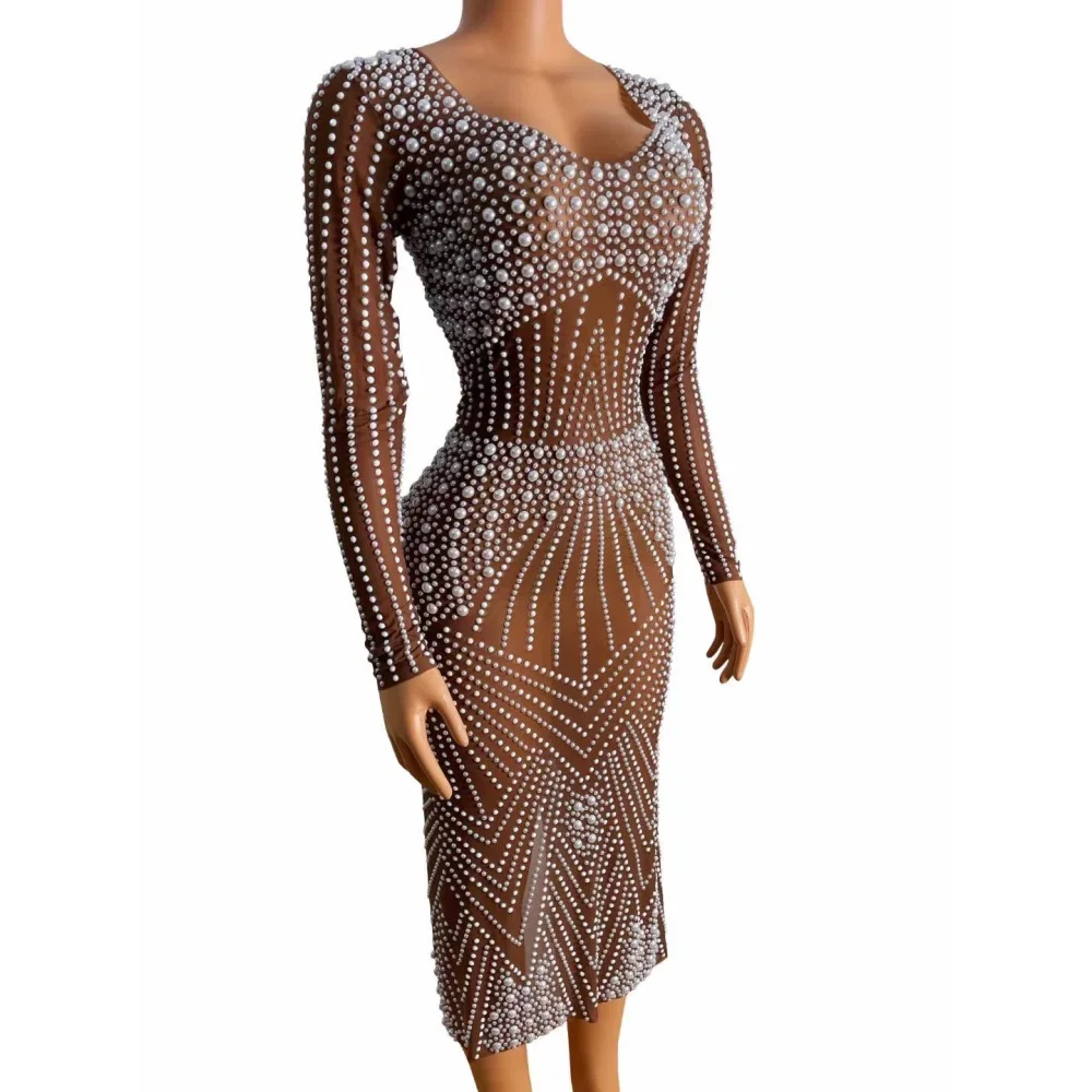 Brown Shining Rhinestones Long Sleeve Sexy Women Sheath Split Dress Evening Party Club Clothing Stage Singer Dancing Costume