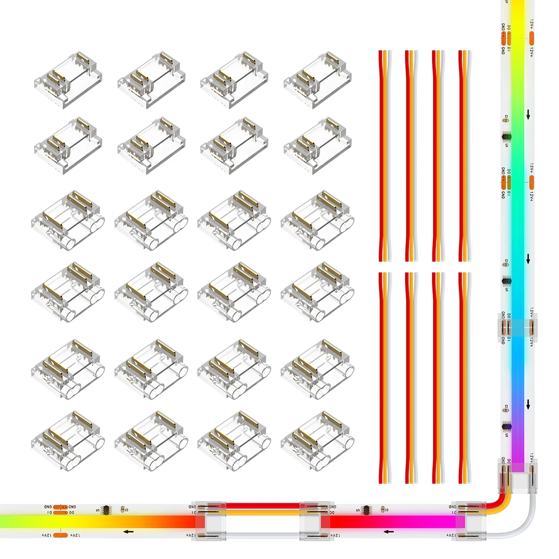 

24 шт., 12 мм, комплекты разъемов с прозрачной крышкой для светодиодной ленты COB RGBIC, прозрачные разъемы без зазоров с 3-контактным удлинителем