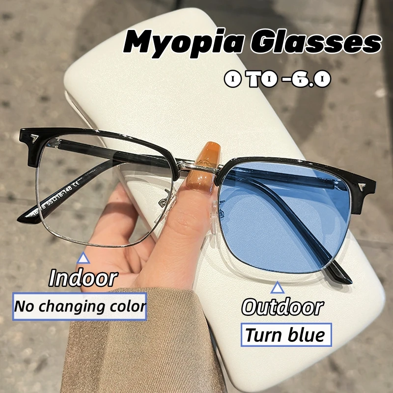 

Men's Business Half Frame Photochromic Myopia Eyeglasses Outdoor Changing Color Sunglasses Finished Near Sight Eyewear Diopter