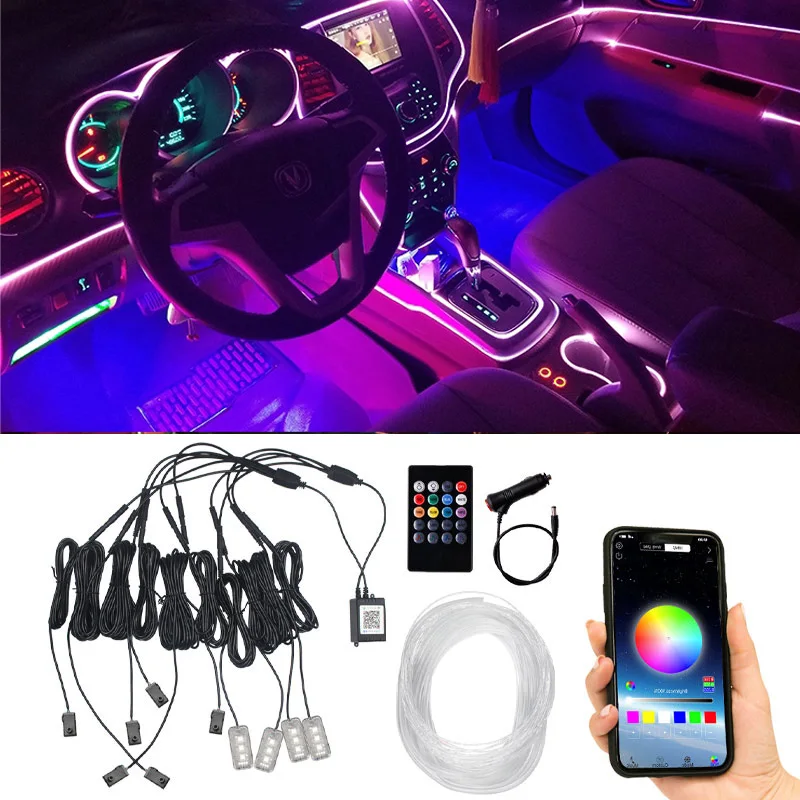 5/6/9/10 em 1 acessórios do carro bluetooth decoração interior ambiente frio led rgb painel tira de luz néon por app controle música