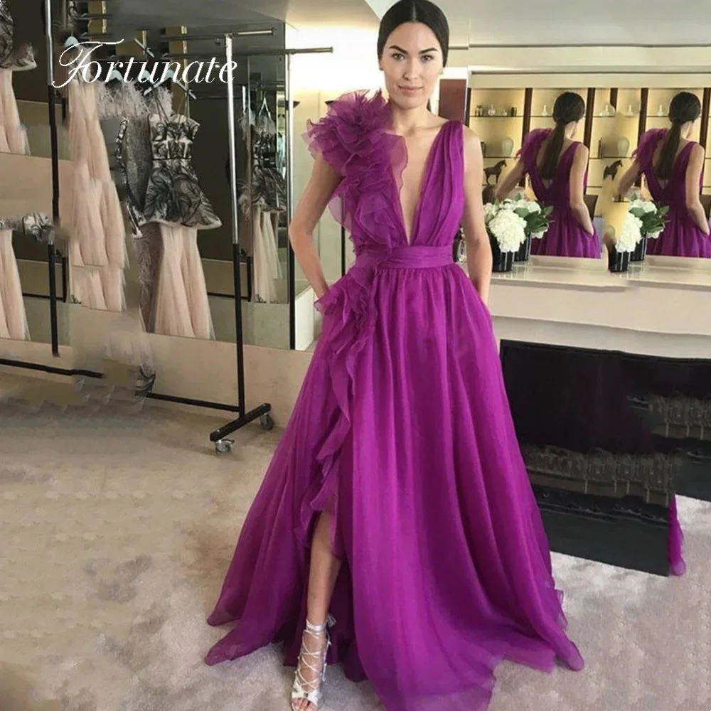 

Fortunate Purple Organza Ruched Evening Dress Spaghetti Strap A-Line Deep V-Neck High Side Slit Sleeveless Prom Gown Custom Made