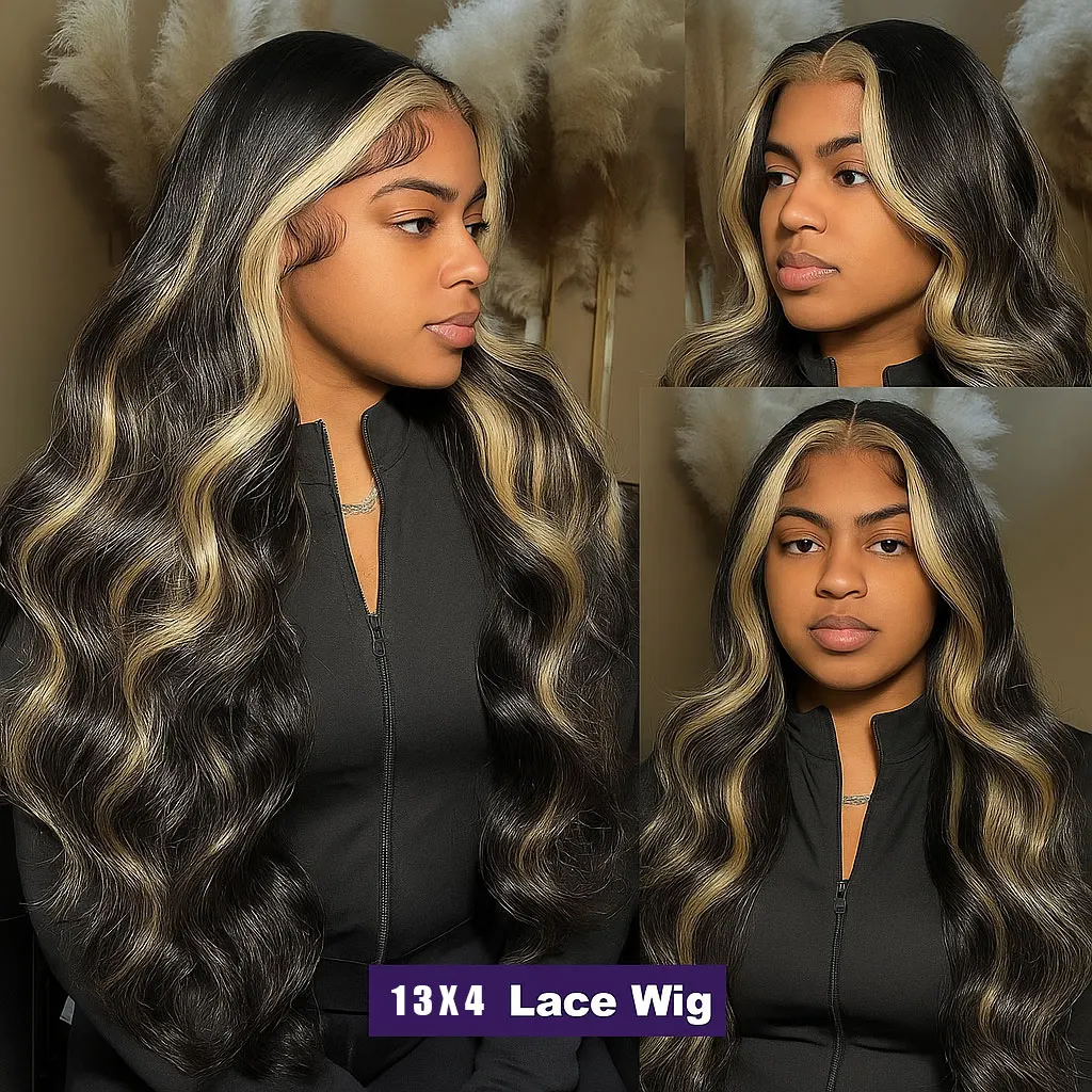 1B/27 الأسود والأشقر يسلط الضوء على الجسم موجة 13x4 HD الدانتيل الجبهة خصلات الشعر المستعار الإنسان 200% البرازيلي الملونة الدانتيل الباروكة الأمامية للنساء