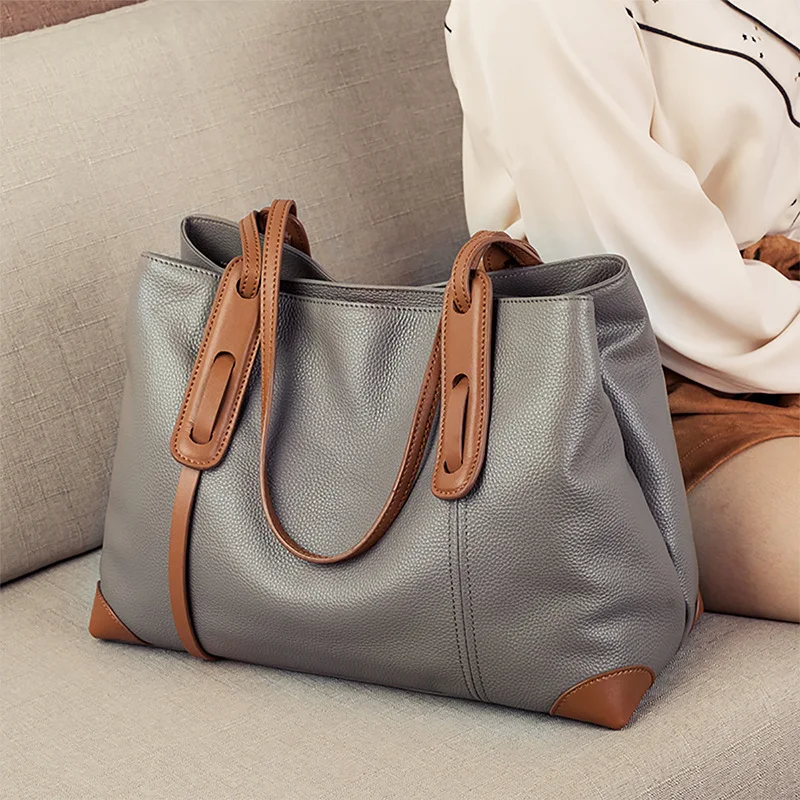 2024 Winter Spring Lichee Genuine Leather Women Shoulder Handbag Large Capacity Soft Cowhide Pacthwork Female Tote Bag