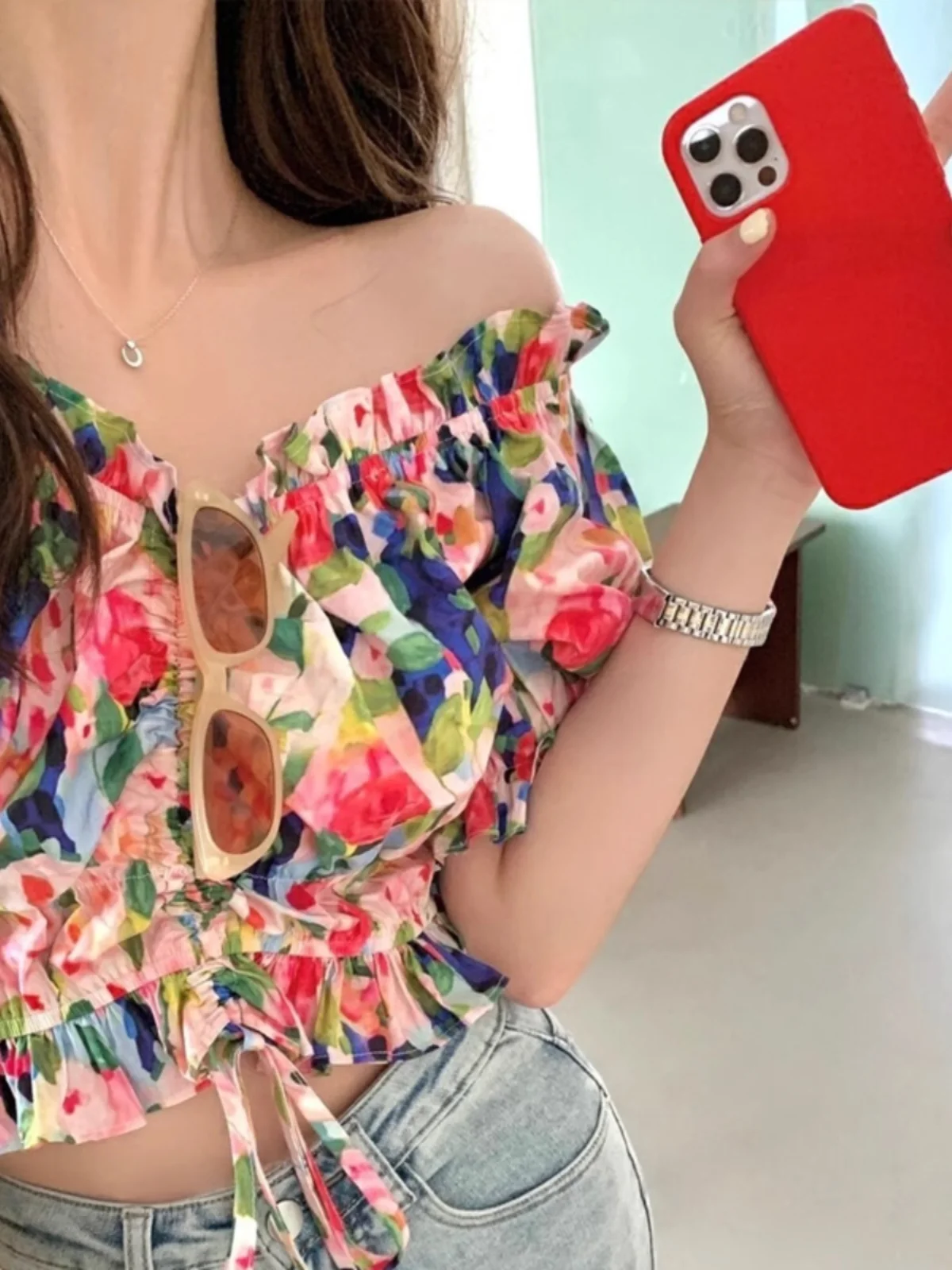 

Chic Floral ort Bubble Sve irt Women's Faionable Sweetn Reducing Belted Flower Top Korean Sle Slim Fit Blouse