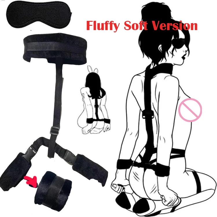 BDSM Set Sexy Handcuffs Back Handcuff Sex Toy Fluffy Fetish Kit Sexrope Erotic Strapon 18+ Adult Game Eye Blinder Neck Leash Set