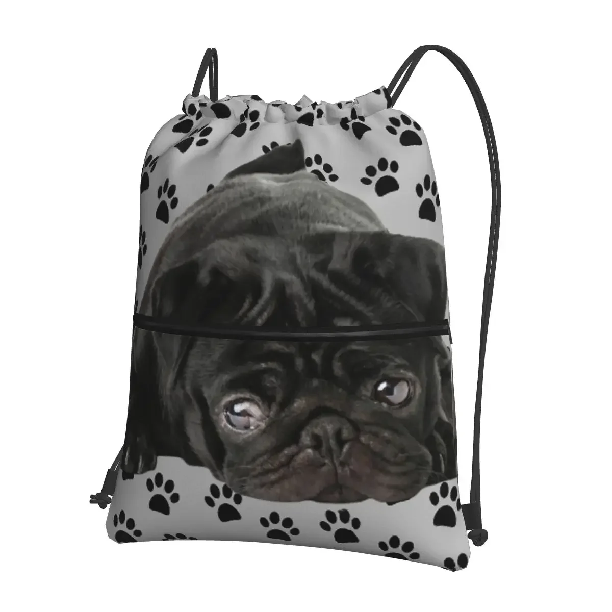 Adorable tas ransel portabel Pug hitam tas tali serut bundel Fashion tas sepatu saku untuk perjalanan olahraga Pria Wanita