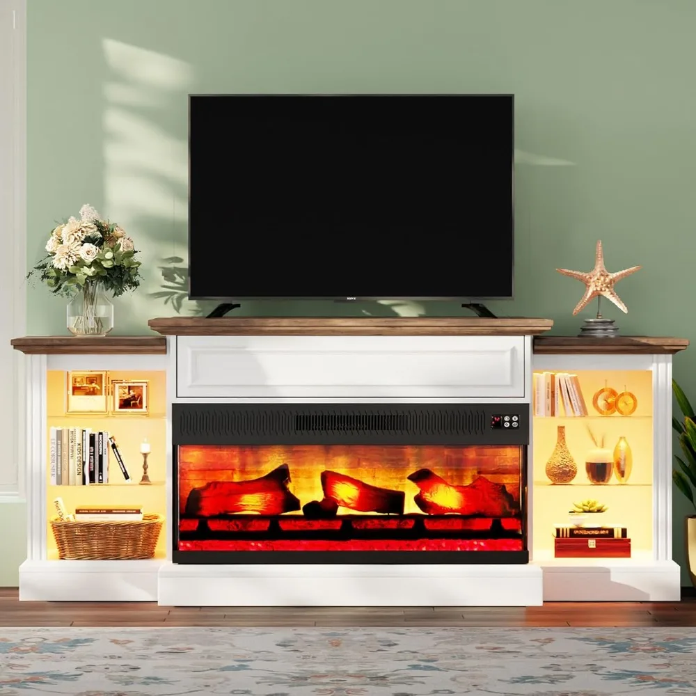 70 Chimenea eléctrica con repisa, soporte para TV con chimenea de 3 caras para televisores de hasta 75 pulgadas, centro de entretenimiento