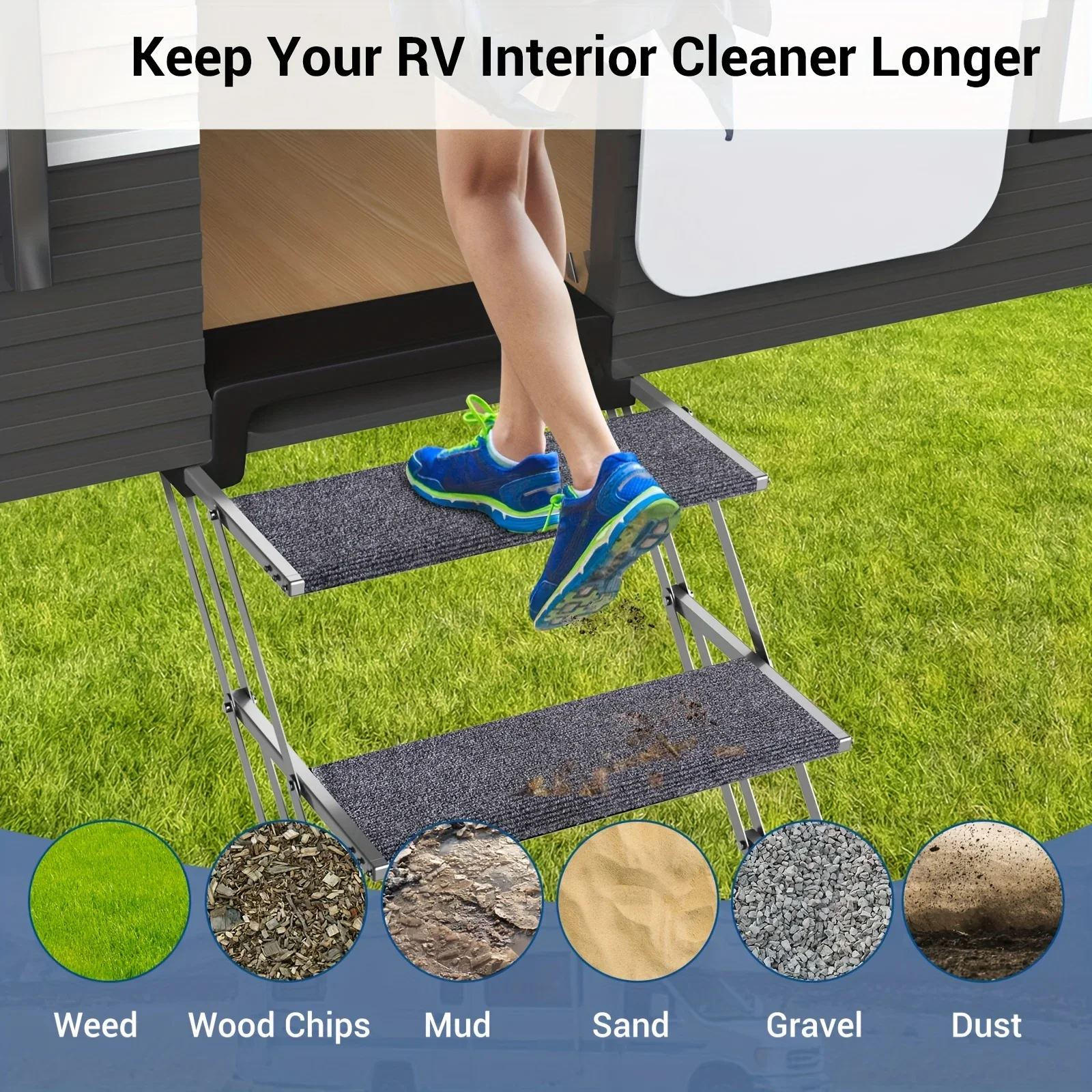 Gray Outdoor Camper Step Mats - High-Quality Spring-Loaded RV Step Rugs for Reducing Noise and Protecting Steps from Wear