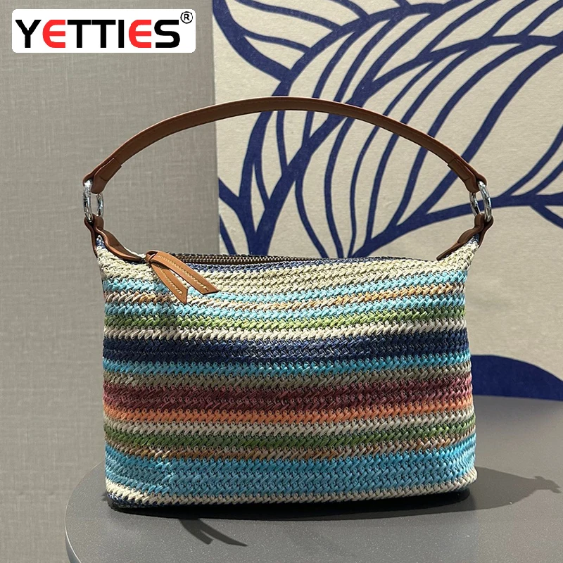 

RAFFIA mini bag cowhide colored striped woven luxury lunch box bag underarm bag crossbody bag, summer grass woven bag beach bag