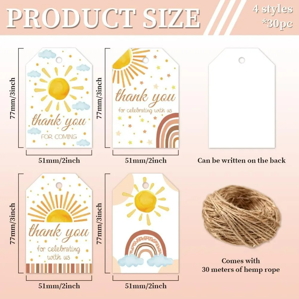 120 Pcs Gift Tags Sun Rainbow Thank You Present Tags with String 3x2in Paper Tags Present Labels for Decoration Birthday Wedding