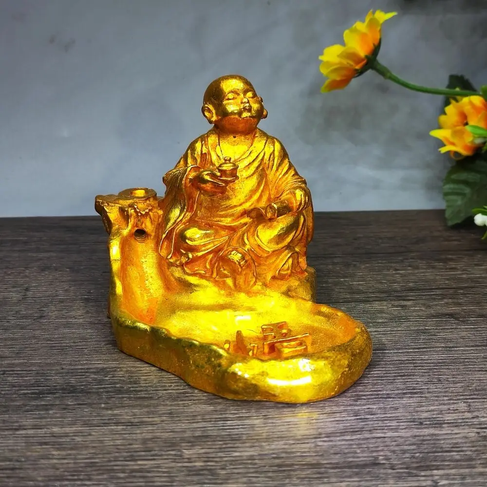 copper gild sculpture chinese feng shui statue boy child monk waterfall incense