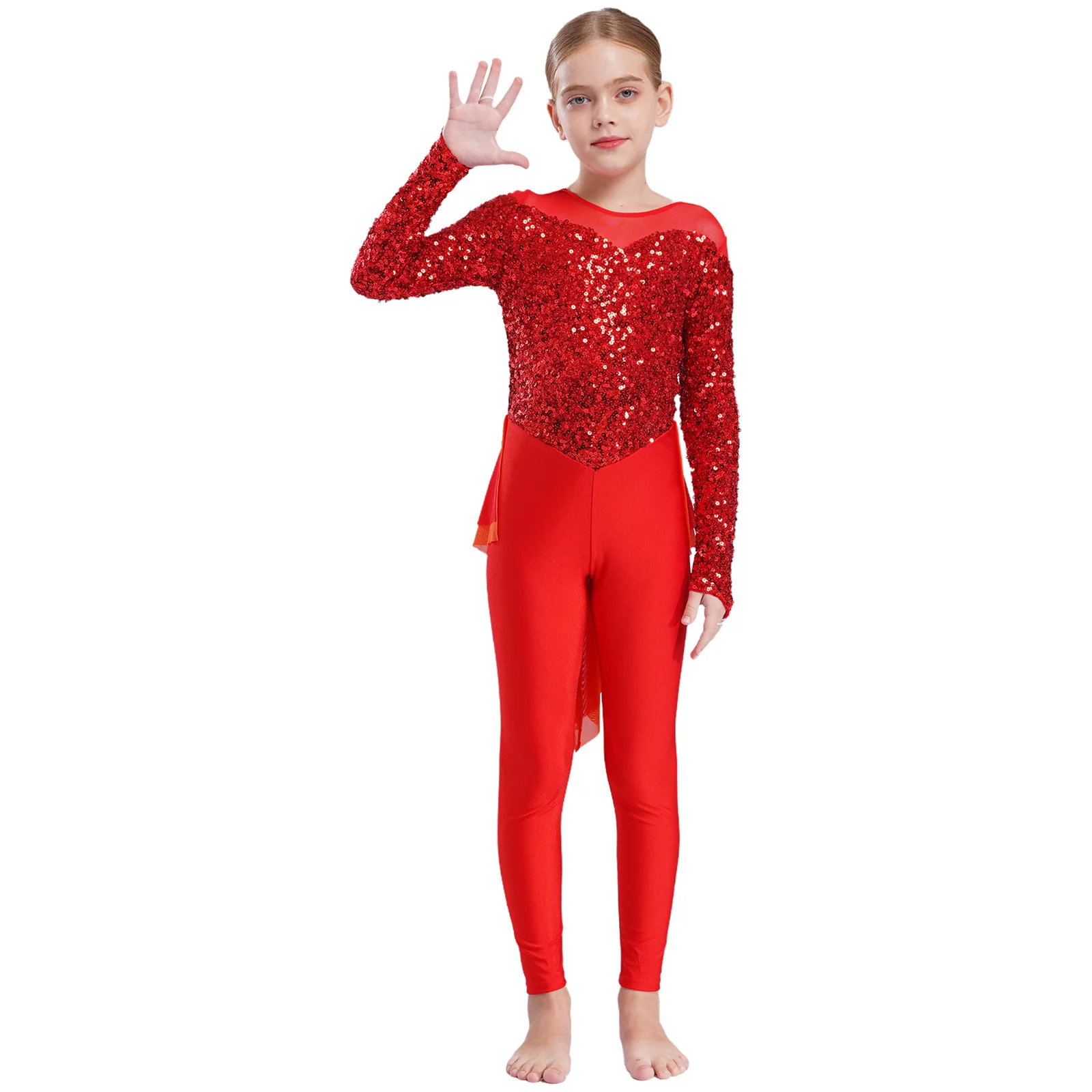 بدلة رقص الجاز للأطفال البنات مزينة بالترتر وأكمام طويلة بطول الكاحل بدلة يوتار متجنبة للجمباز والتزلج على الجليد ملابس الرقص