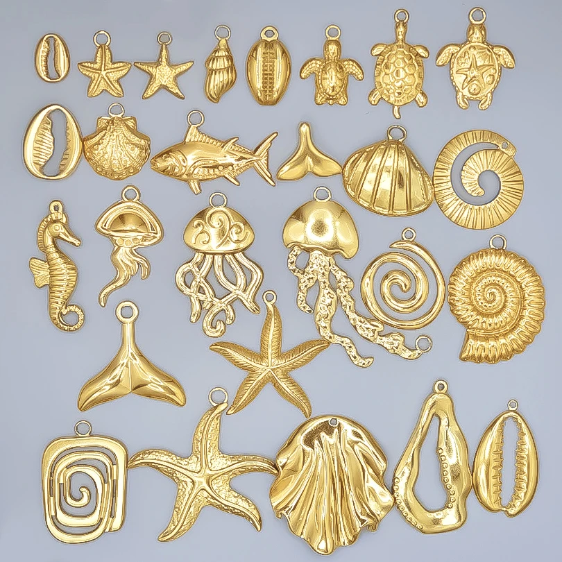 6szt Prawdziwe pozłacane zwierzę oceaniczne Żółw Muszla Koncha Rozgwiazda Diy Charms Do tworzenia biżuterii Luzem Wisiorek ze stali nierdzewnej