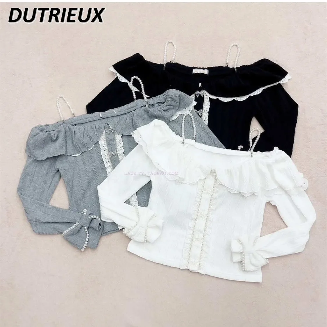 Detachable Pearl Suspender Bow Button Ruffled Pullover Spring Autumn New Sweet Girl Off-Shoulder Off-the-Neck Knitted Short Top