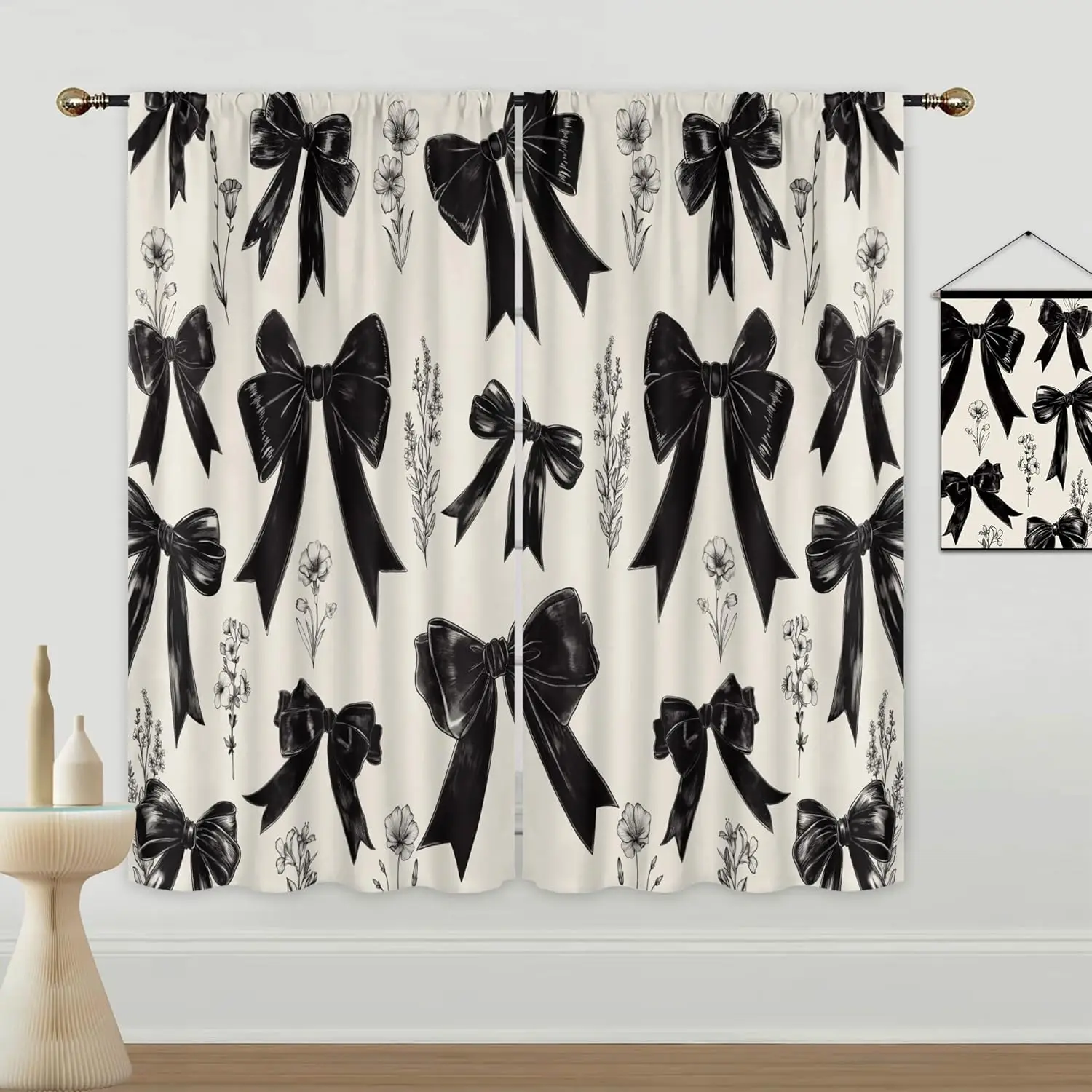 Black Bow Curtains for Girls Bedroom Rod Pocket Kids Girly Coquette Retro Bownot Vintage Rustic Floral Flower Elegant Pretty