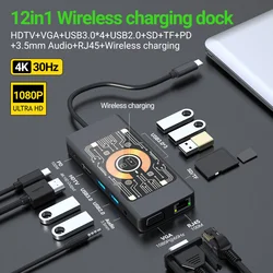 고팔라 USB C 허브 도킹 스테이션 듀얼 모니터, HDTV VGA 무선 충전기 포함, 맥북 델 XPS용 USB 3.0 및 2.0 이더넷 PD, 12 인 1