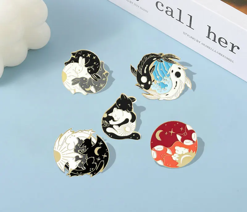 Enamel Pins Custom Sun Moon Fox Koi Rabbit Bat Wolf Brooch Bag Clothes Lapel Pin Badge Starry Animal Jewelry Gift Day and Night