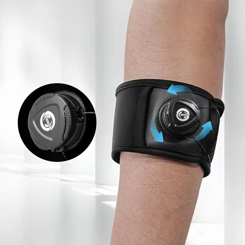 Adjustable elastic sports elbow brace with built-in cushioning, dial-adjustable compression, and supportive sports compression