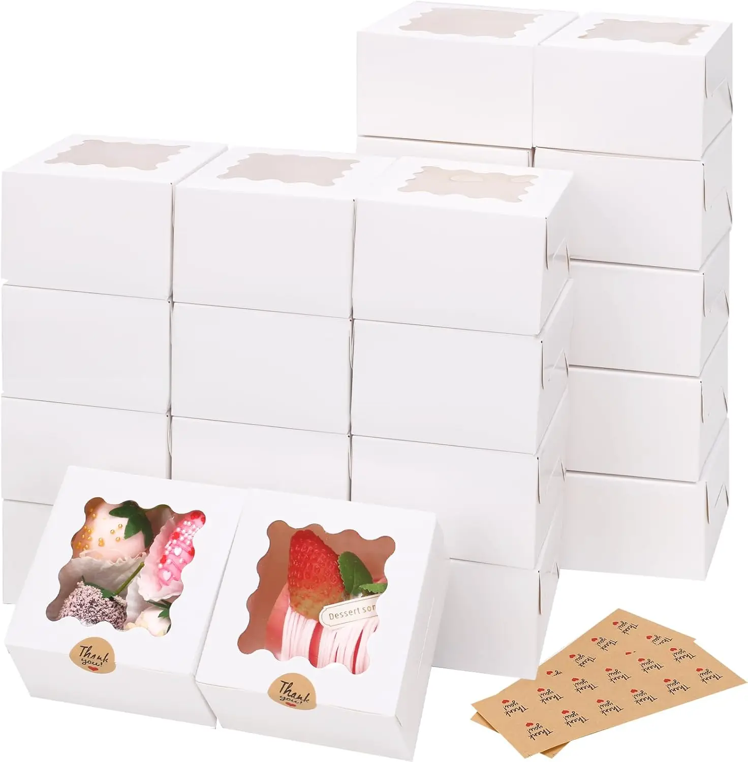 

24 White Cookie Boxes with Window, 4x4x2.5 Inches Small Bakery Boxes with Stickers for Cookies, Treats, Desserts