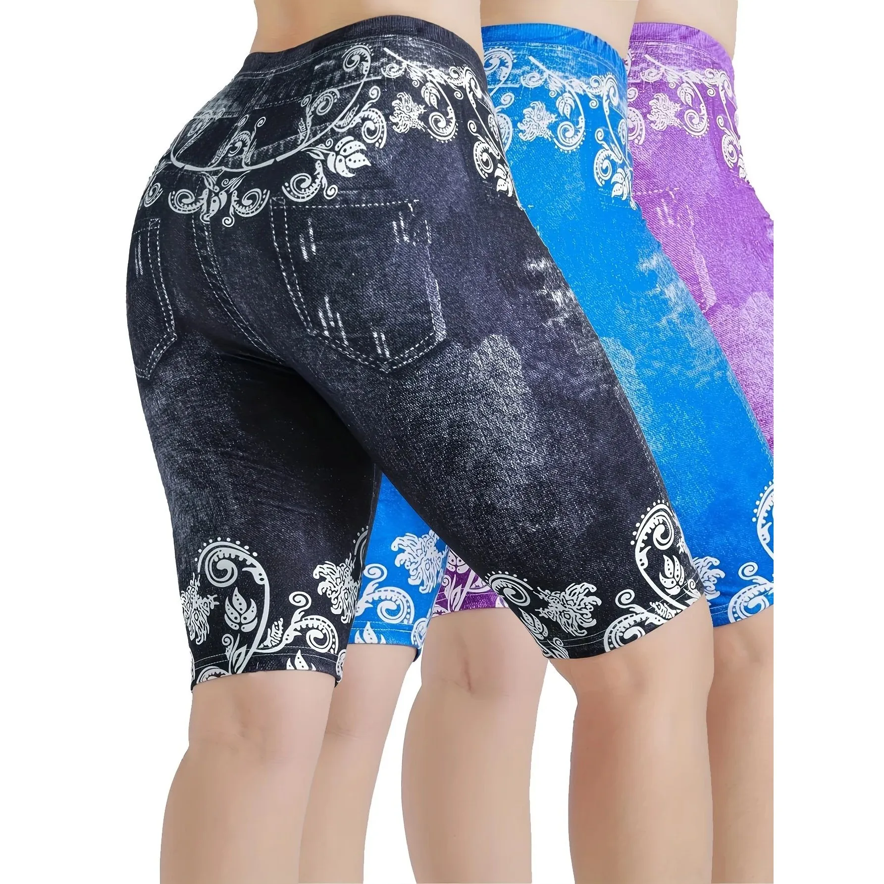

Women's Waist Fruits Patterned Denim Leggings Elastic Fit Casual Trousers for Ladies Autumn Winter Season