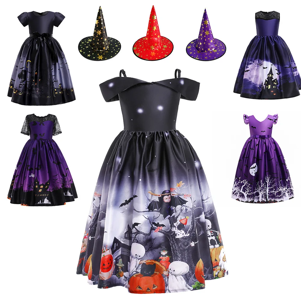 Little Girls Halloween Creepy Dress Kids Black Purple Printed Ghost Evil Night Castle Horror Cold Moon Dress Girl Dark Dress